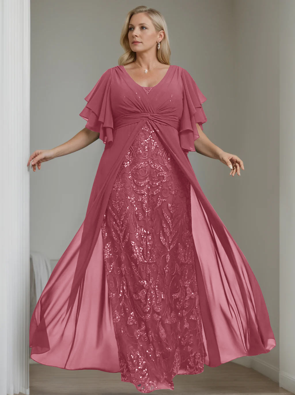 Plus Size Floor-Length Mother of the Bride A-Line Dress with V-Neck and Half Sleeves-LLELLA