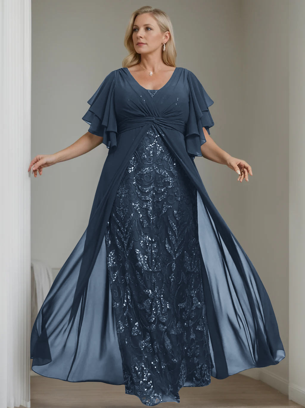 Plus Size Floor-Length Mother of the Bride A-Line Dress with V-Neck and Half Sleeves-LLELLA