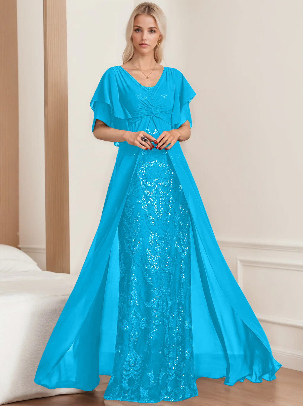Plus Size Mother of the Bride A-Line Floor-Length Dress with V-Neck and Half Sleeves