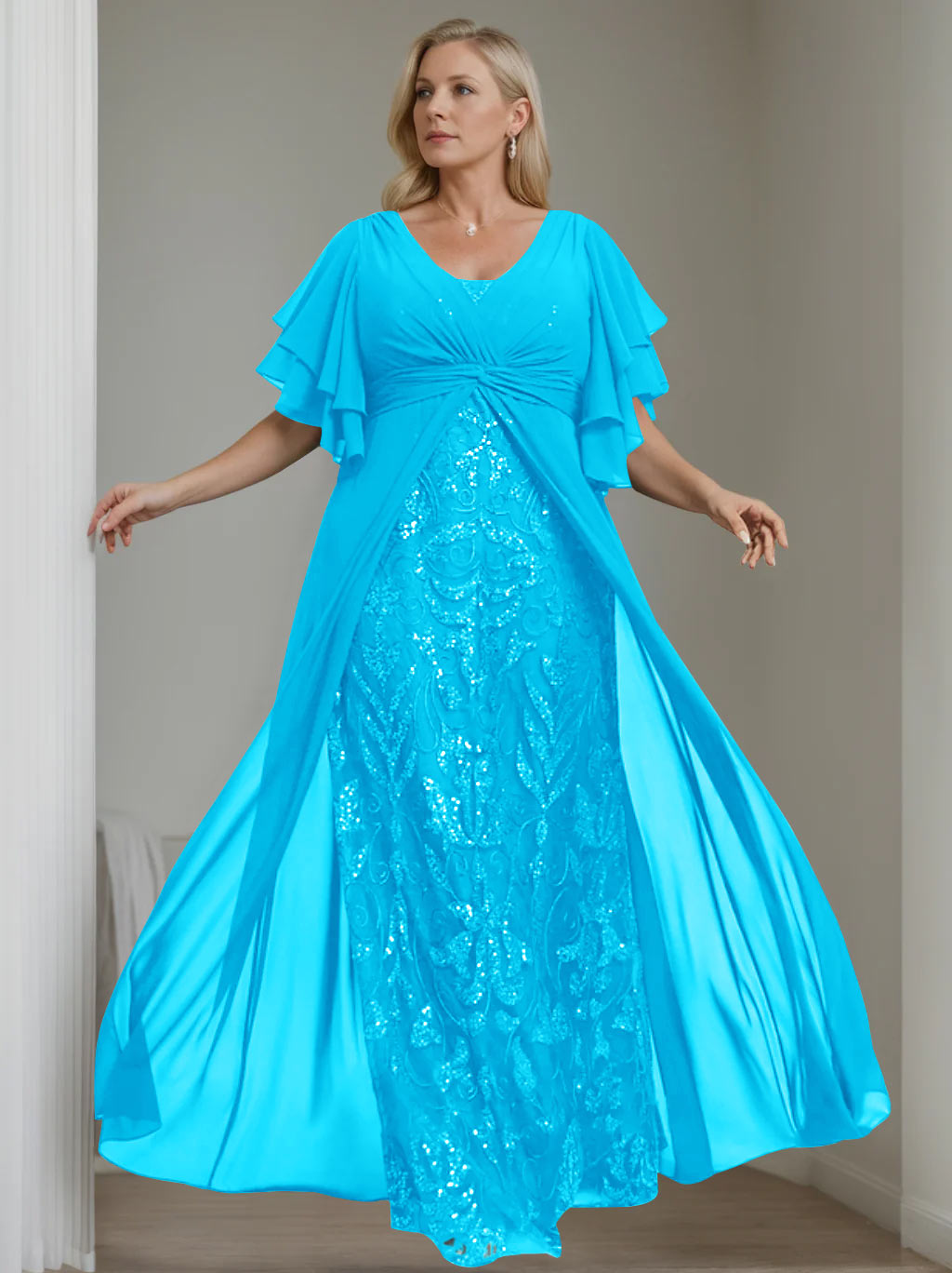 Plus Size Floor-Length Mother of the Bride A-Line Dress with V-Neck and Half Sleeves-LLELLA