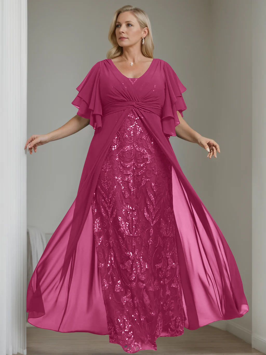 Plus Size Floor-Length Mother of the Bride A-Line Dress with V-Neck and Half Sleeves-LLELLA