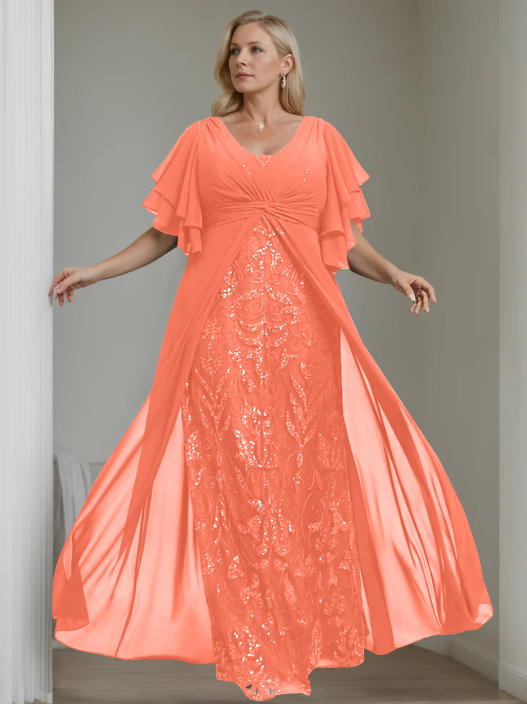 Plus Size Floor-Length Mother of the Bride A-Line Dress with V-Neck and Half Sleeves-LLELLA