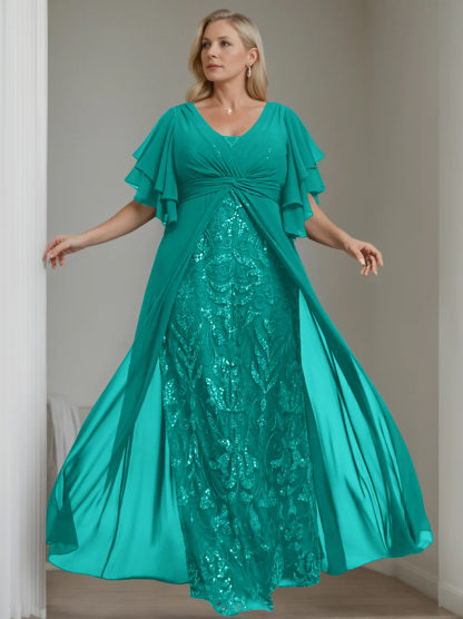 Plus Size Floor-Length Mother of the Bride A-Line Dress with V-Neck and Half Sleeves-LLELLA