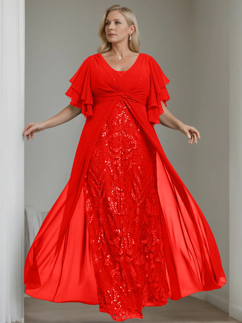 Plus Size Floor-Length Mother of the Bride A-Line Dress with V-Neck and Half Sleeves-LLELLA