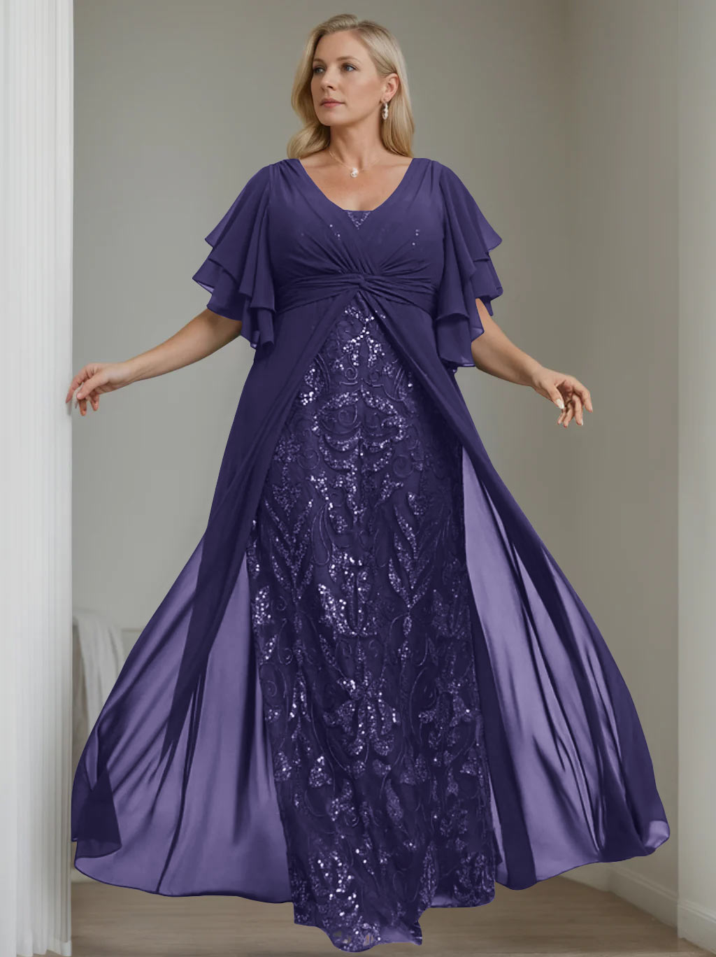 Plus Size Floor-Length Mother of the Bride A-Line Dress with V-Neck and Half Sleeves-LLELLA