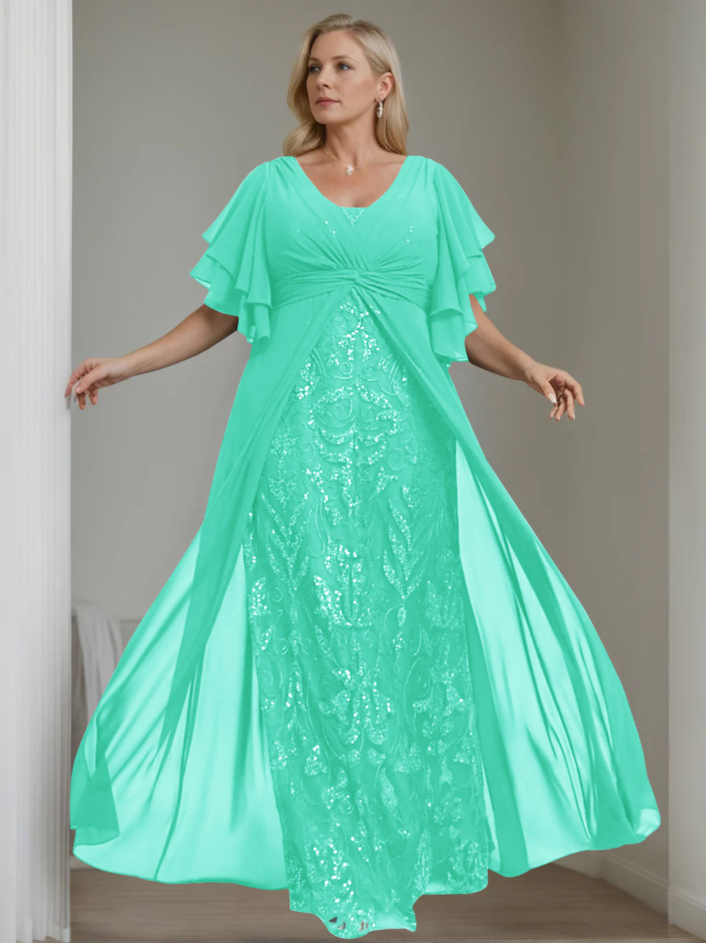 Plus Size Floor-Length Mother of the Bride A-Line Dress with V-Neck and Half Sleeves-LLELLA