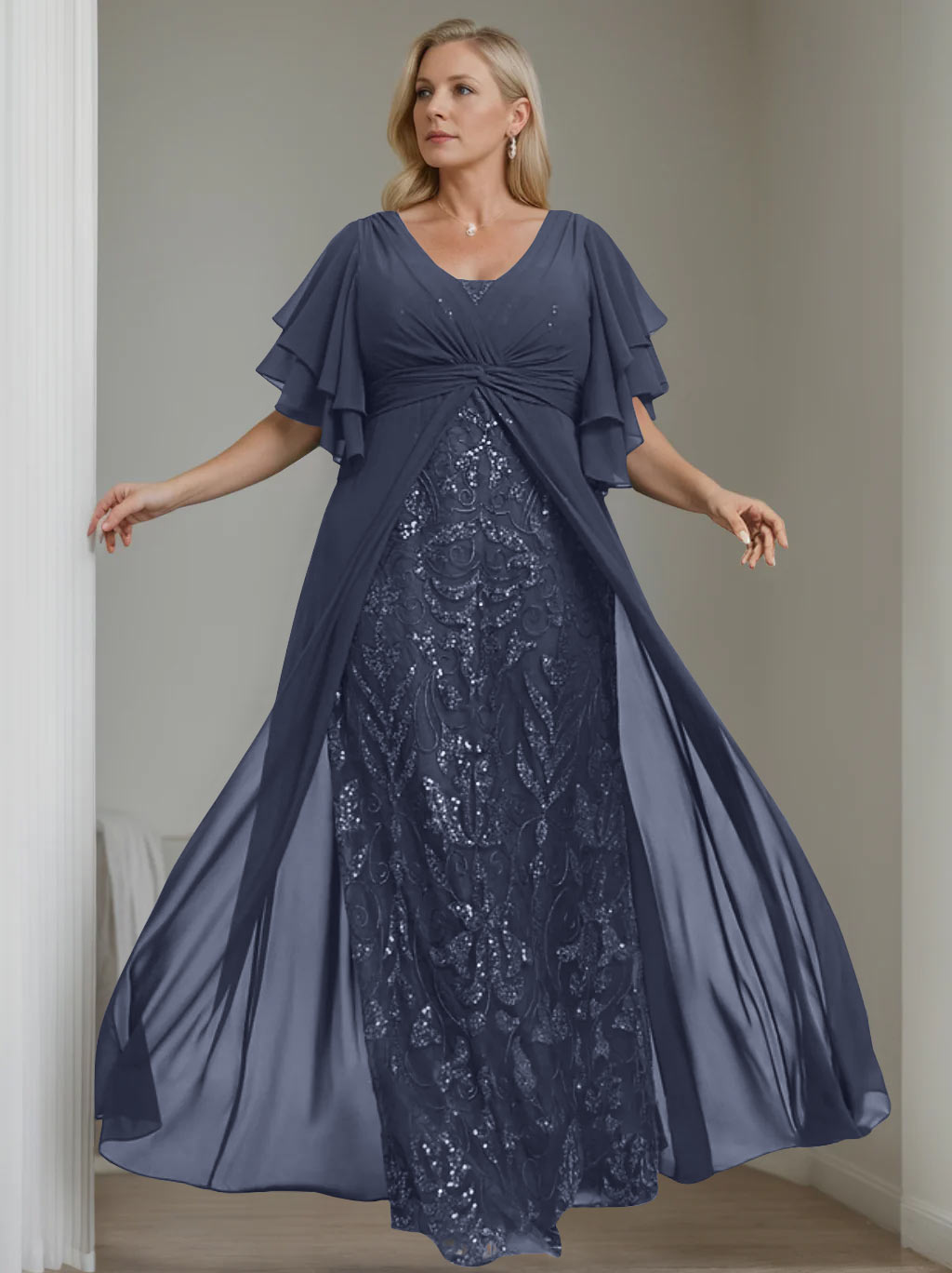 Plus Size Floor-Length Mother of the Bride A-Line Dress with V-Neck and Half Sleeves-LLELLA