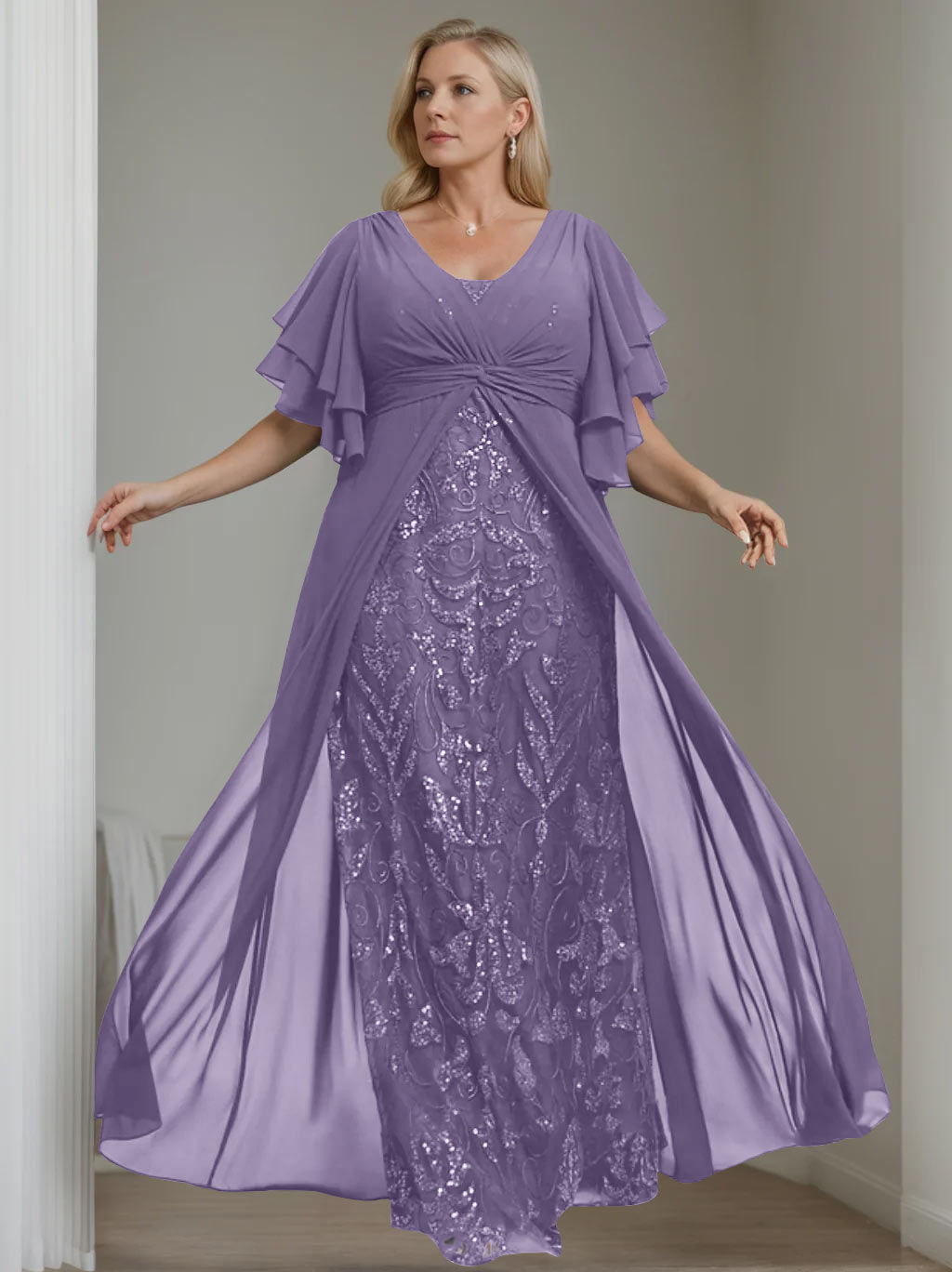 Plus Size Floor-Length Mother of the Bride A-Line Dress with V-Neck and Half Sleeves-LLELLA