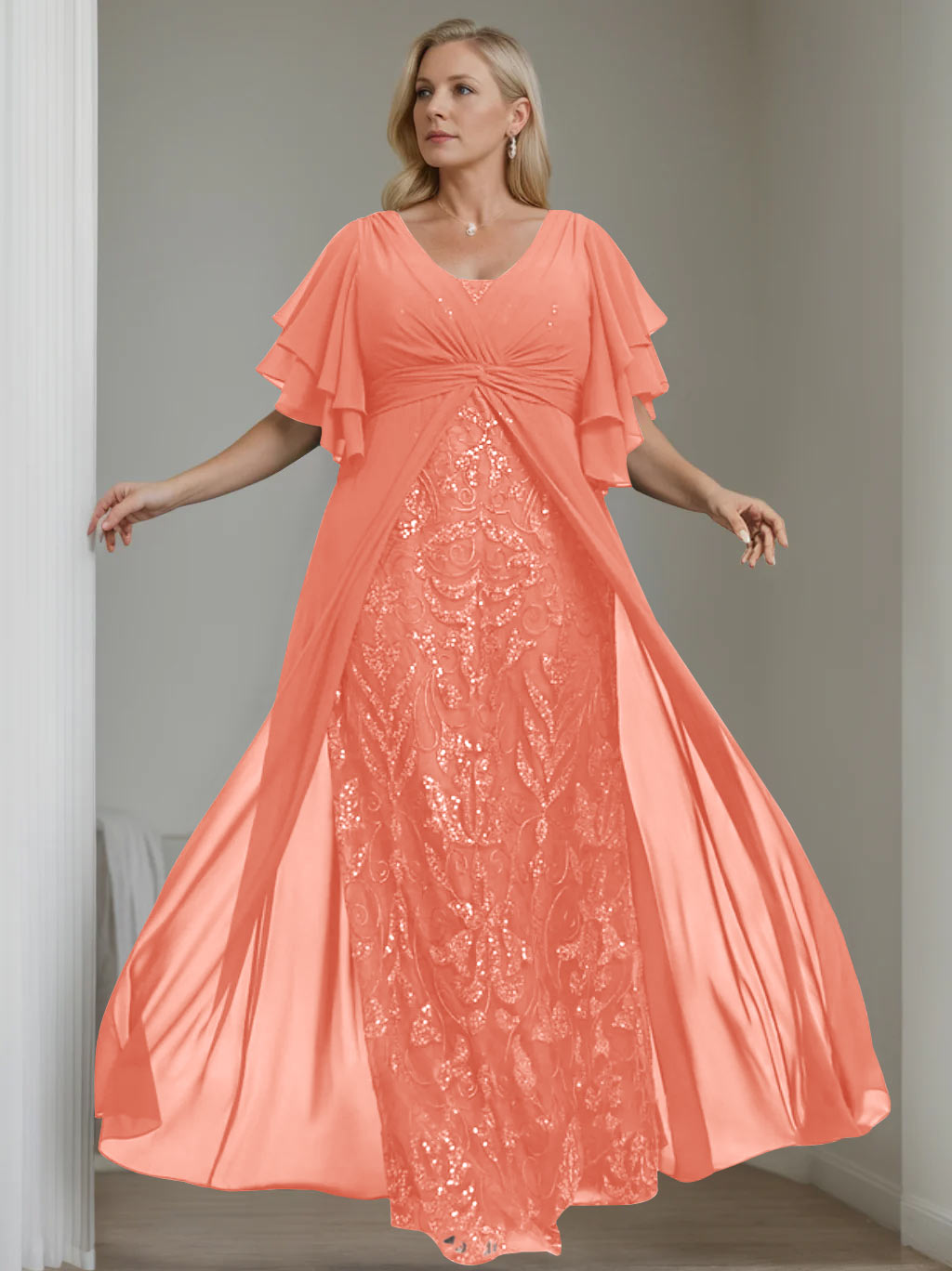 Plus Size Floor-Length Mother of the Bride A-Line Dress with V-Neck and Half Sleeves-LLELLA