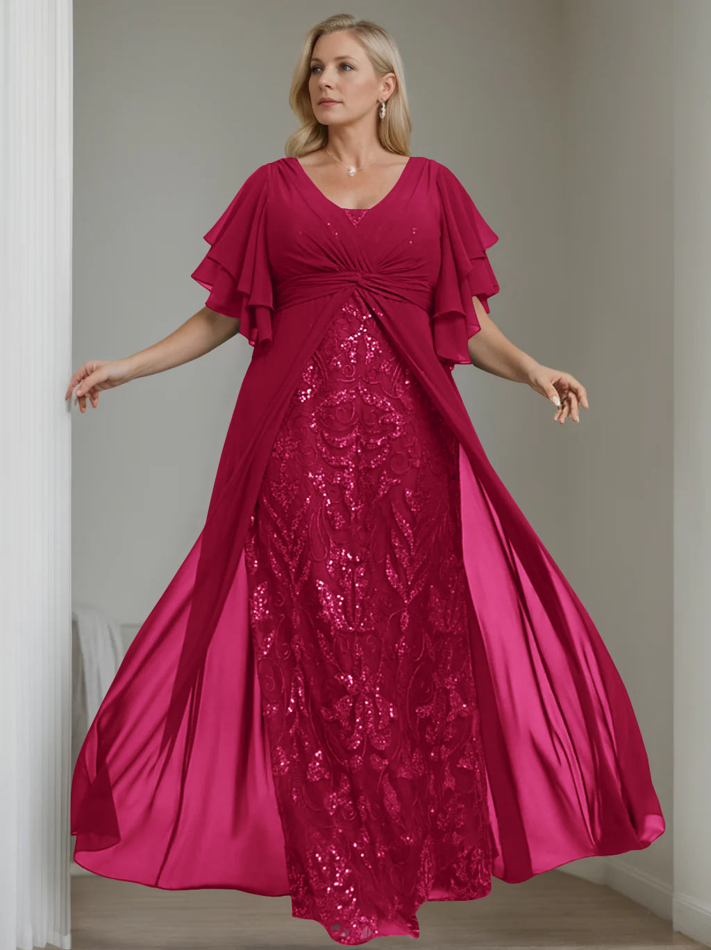 Plus Size Floor-Length Mother of the Bride A-Line Dress with V-Neck and Half Sleeves-LLELLA