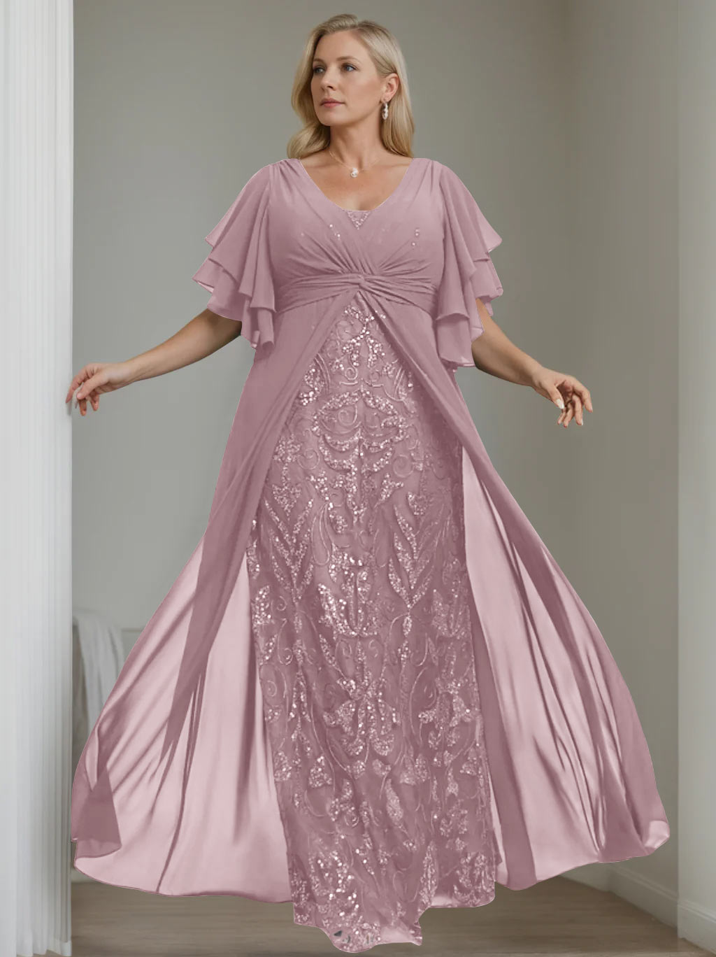 Plus Size Floor-Length Mother of the Bride A-Line Dress with V-Neck and Half Sleeves-LLELLA