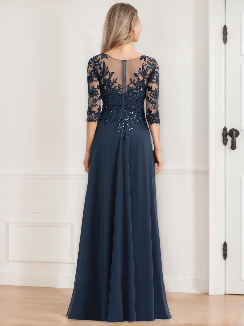 Floor-Length V-Neck A-Line Princess Mother of the Bride Dresses with Half Sleeves and Sequins