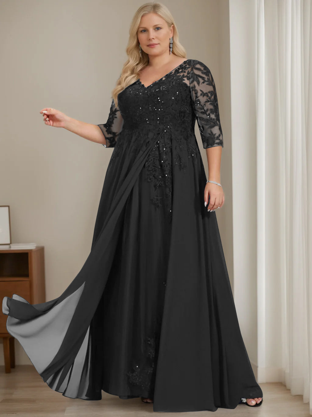 Plus Size V-Neck A-Line Princess Floor-Length Mother of the Bride Dress with Half Sleeves and Sequins-LLELLA