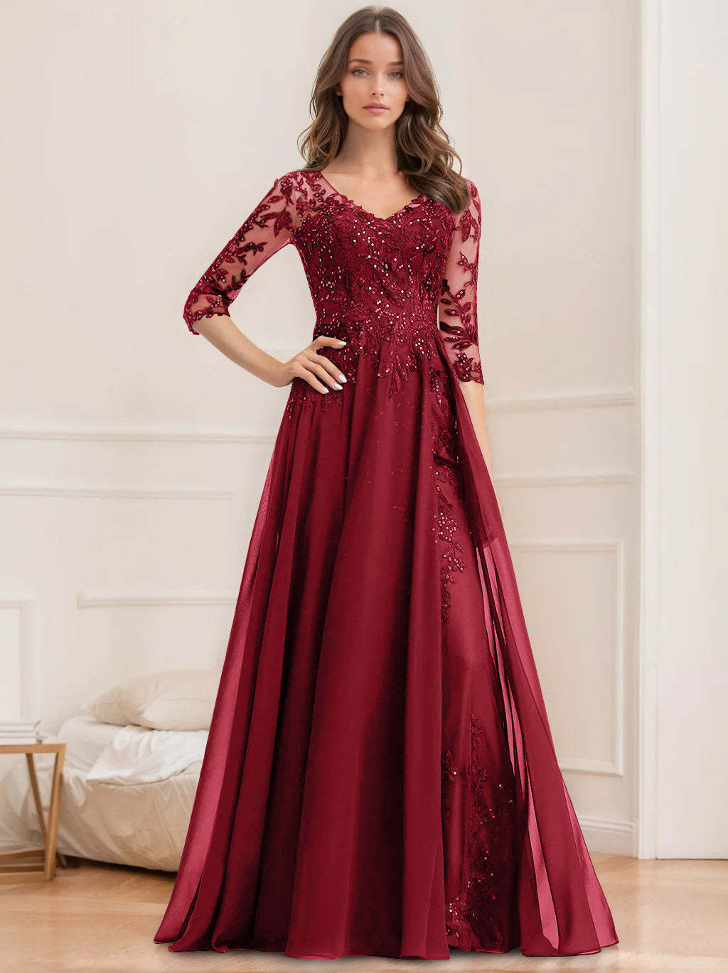 Floor-Length V-Neck A-Line Princess Mother of the Bride Dresses with Half Sleeves and Sequins