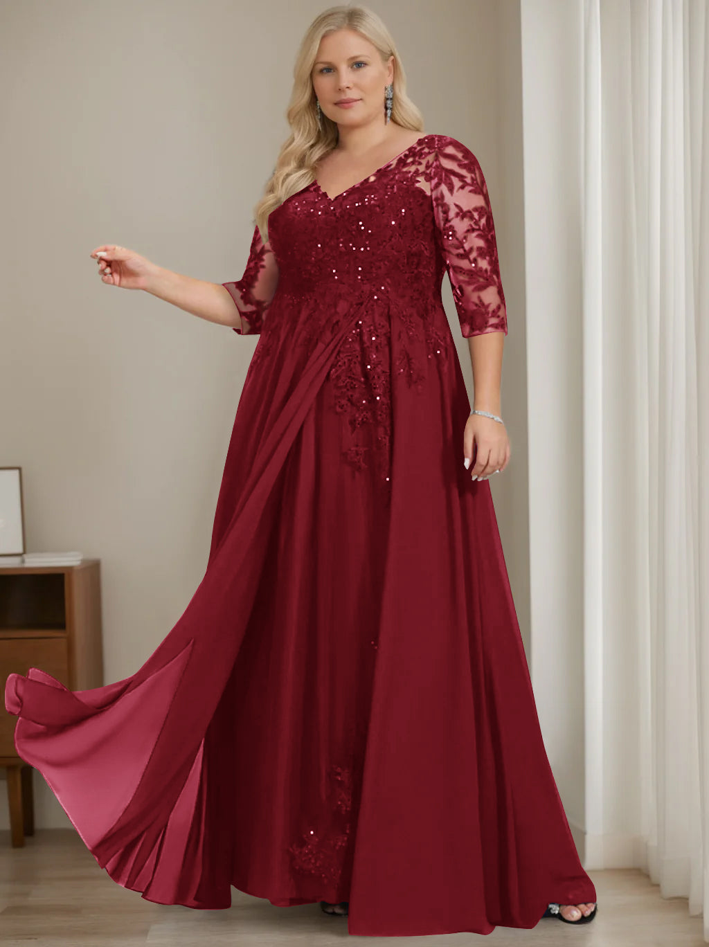 Plus Size V-Neck A-Line Princess Floor-Length Mother of the Bride Dress with Half Sleeves and Sequins-LLELLA