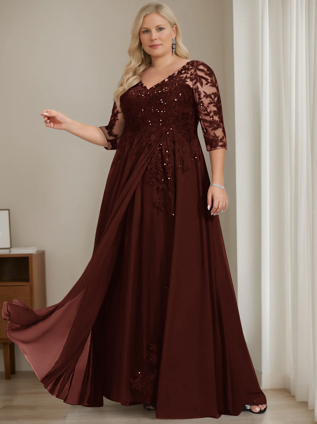 Plus Size V-Neck A-Line Princess Floor-Length Mother of the Bride Dress with Half Sleeves and Sequins-LLELLA