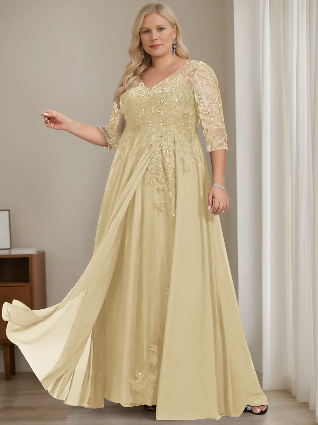 Plus Size V-Neck A-Line Princess Floor-Length Mother of the Bride Dress with Half Sleeves and Sequins-LLELLA