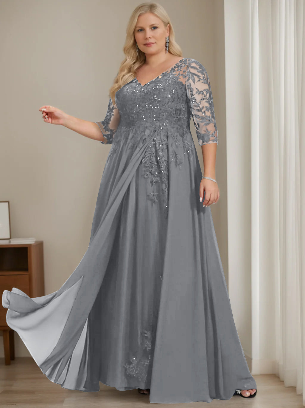 Plus Size V-Neck A-Line Princess Floor-Length Mother of the Bride Dress with Half Sleeves and Sequins-LLELLA