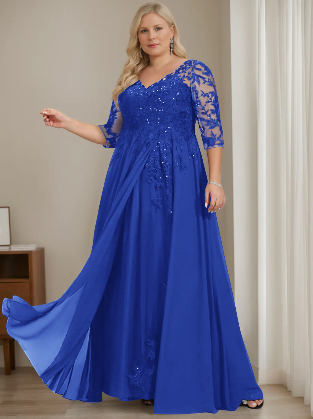 Plus Size V-Neck A-Line Princess Floor-Length Mother of the Bride Dress with Half Sleeves and Sequins-LLELLA