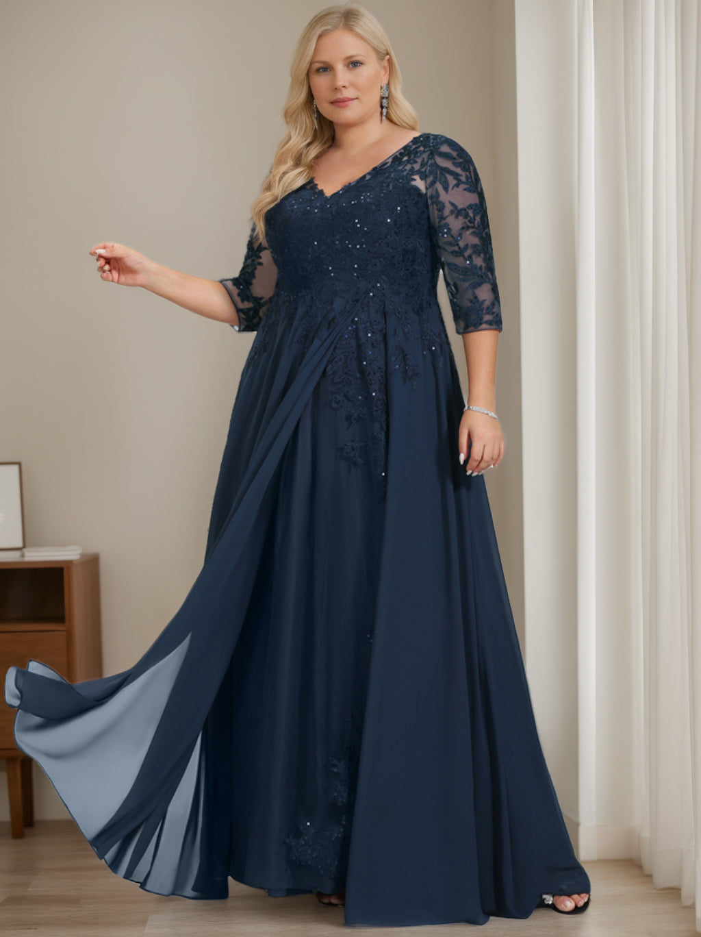 Plus Size V-Neck A-Line Princess Floor-Length Mother of the Bride Dress with Half Sleeves and Sequins-LLELLA