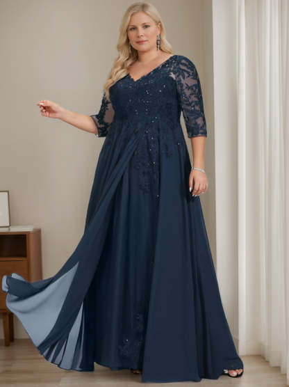 Plus Size V-Neck A-Line Princess Floor-Length Mother of the Bride Dress with Half Sleeves and Sequins-LLELLA