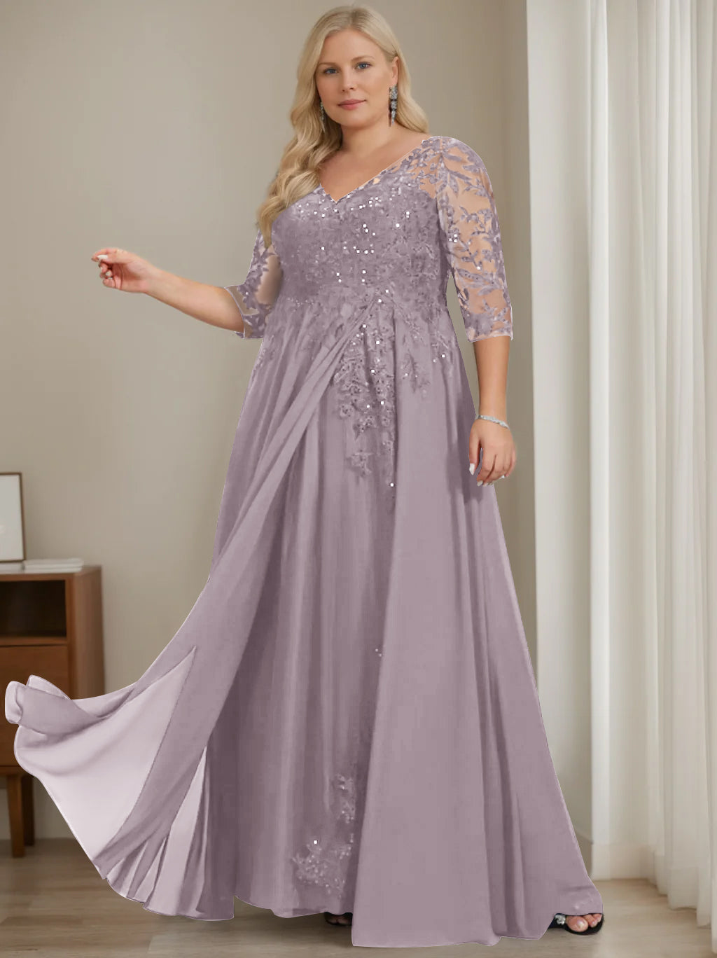 Plus Size V-Neck A-Line Princess Floor-Length Mother of the Bride Dress with Half Sleeves and Sequins-LLELLA