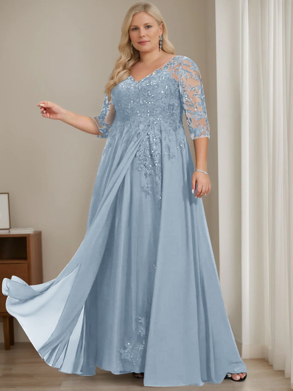 Plus Size V-Neck A-Line Princess Floor-Length Mother of the Bride Dress with Half Sleeves and Sequins-LLELLA