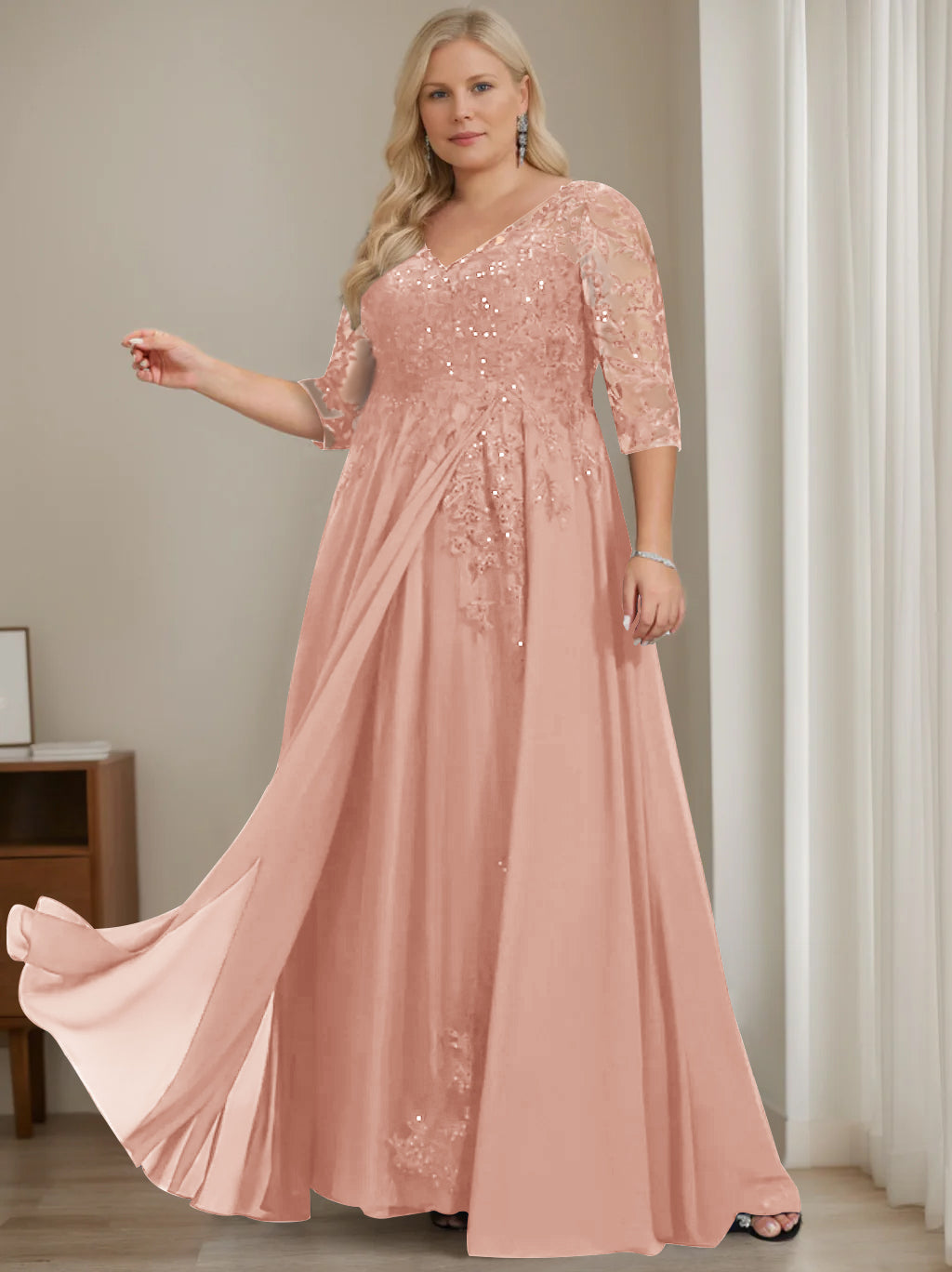 Plus Size V-Neck A-Line Princess Floor-Length Mother of the Bride Dress with Half Sleeves and Sequins-LLELLA