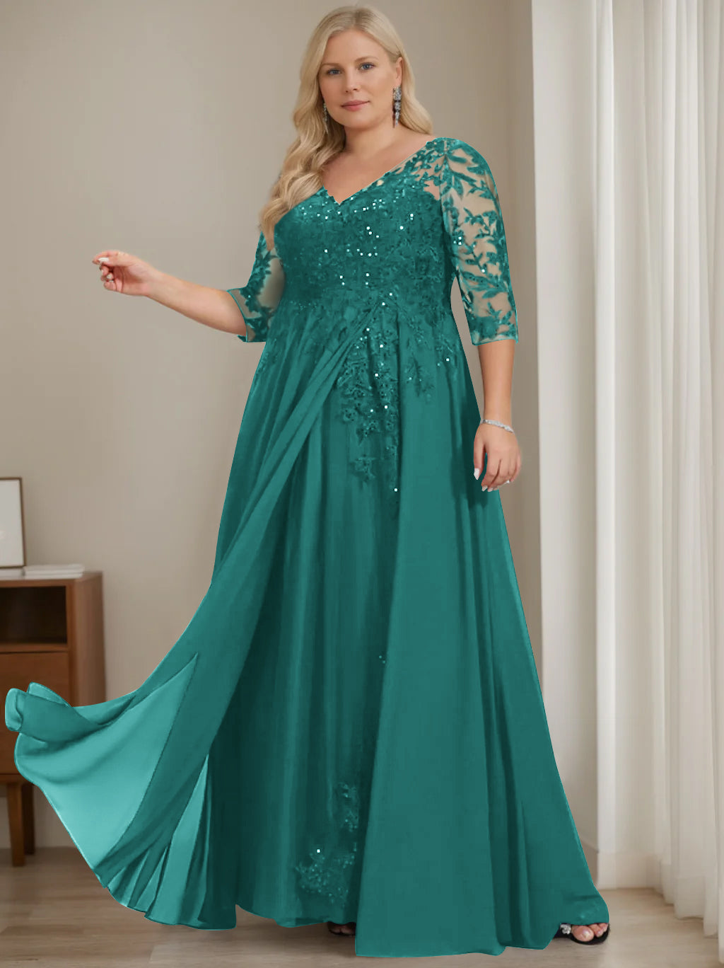 Plus Size V-Neck A-Line Princess Floor-Length Mother of the Bride Dress with Half Sleeves and Sequins-LLELLA