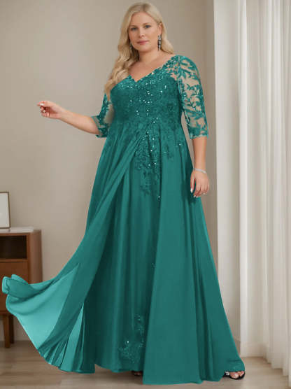 Plus Size V-Neck A-Line Princess Floor-Length Mother of the Bride Dress with Half Sleeves and Sequins-LLELLA