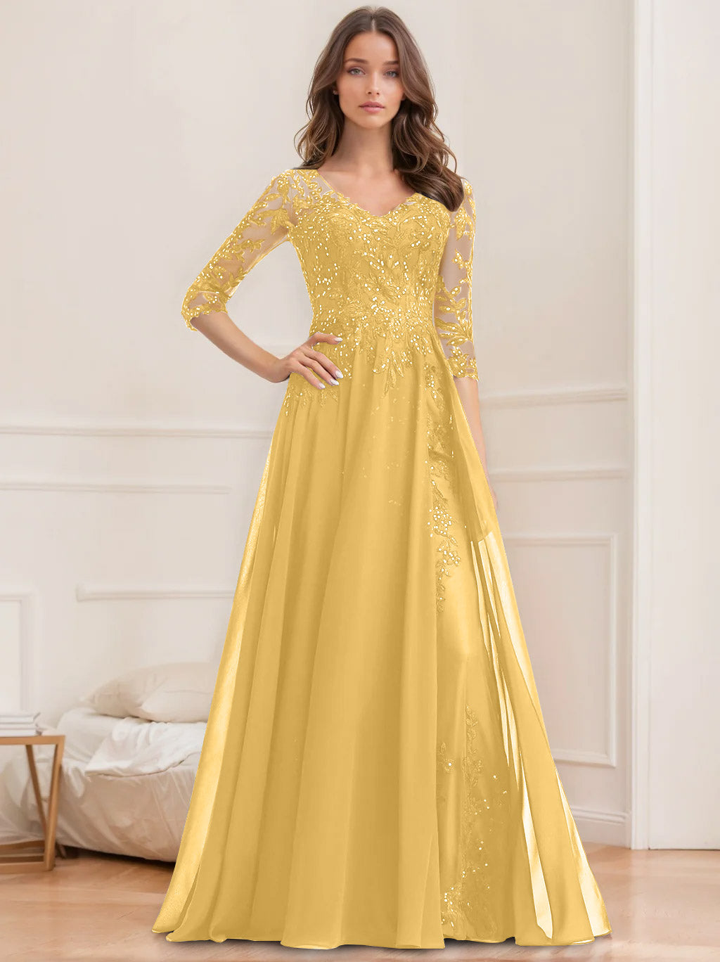 Floor-Length V-Neck A-Line Princess Mother of the Bride Dresses with Half Sleeves and Sequins
