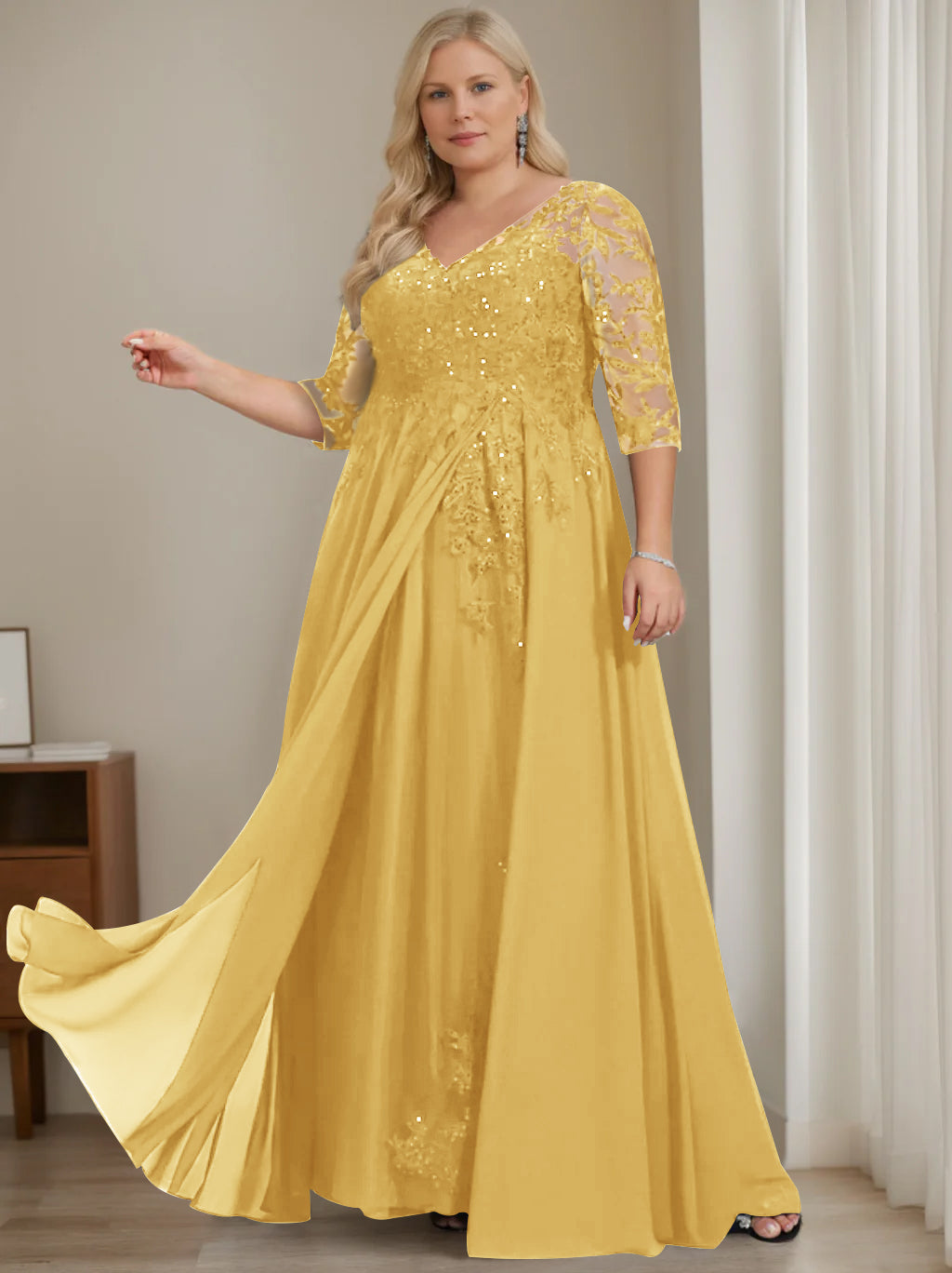 Plus Size V-Neck A-Line Princess Floor-Length Mother of the Bride Dress with Half Sleeves and Sequins-LLELLA