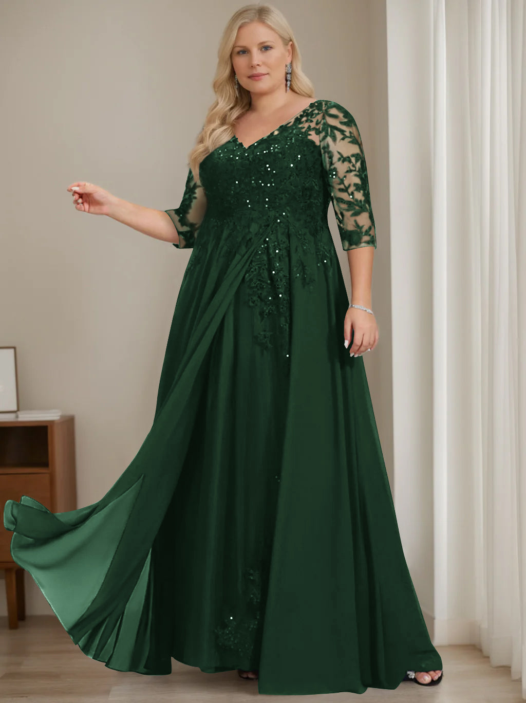 Plus Size V-Neck A-Line Princess Floor-Length Mother of the Bride Dress with Half Sleeves and Sequins-LLELLA