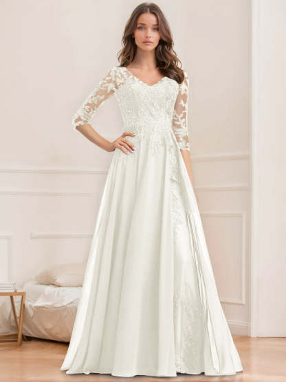 Floor-Length V-Neck A-Line Princess Mother of the Bride Dresses with Half Sleeves and Sequins
