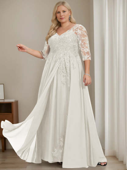 Plus Size V-Neck A-Line Princess Floor-Length Mother of the Bride Dress with Half Sleeves and Sequins-LLELLA