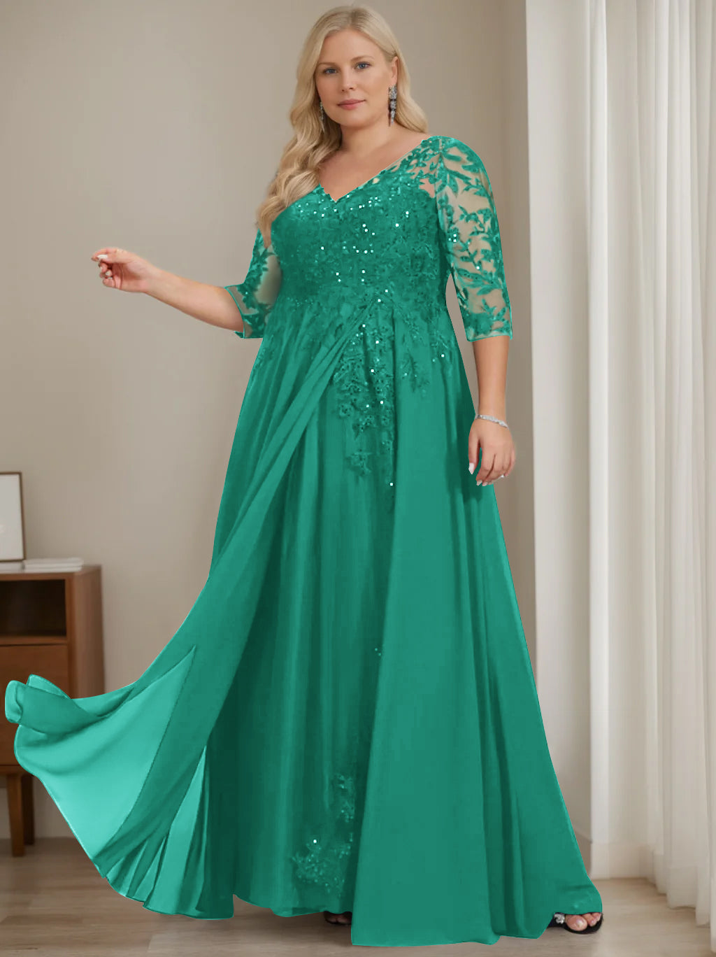 Plus Size V-Neck A-Line Princess Floor-Length Mother of the Bride Dress with Half Sleeves and Sequins-LLELLA