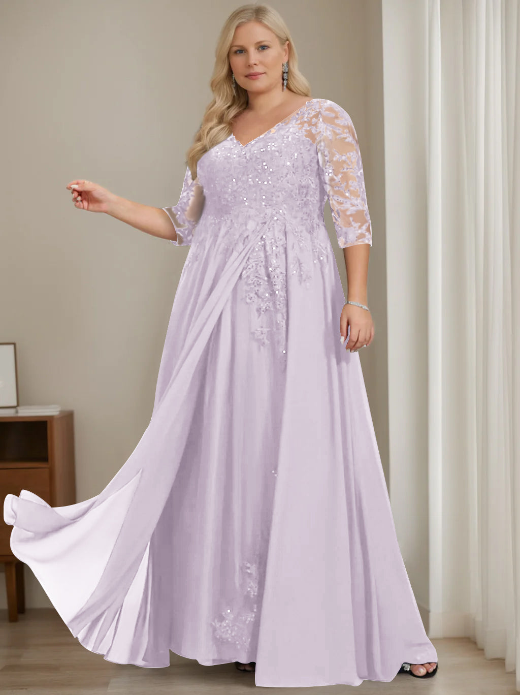 Plus Size V-Neck A-Line Princess Floor-Length Mother of the Bride Dress with Half Sleeves and Sequins-LLELLA