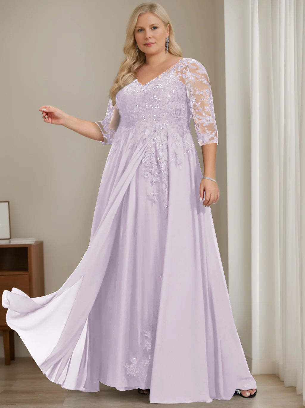 Plus Size V-Neck A-Line Princess Floor-Length Mother of the Bride Dress with Half Sleeves and Sequins-LLELLA