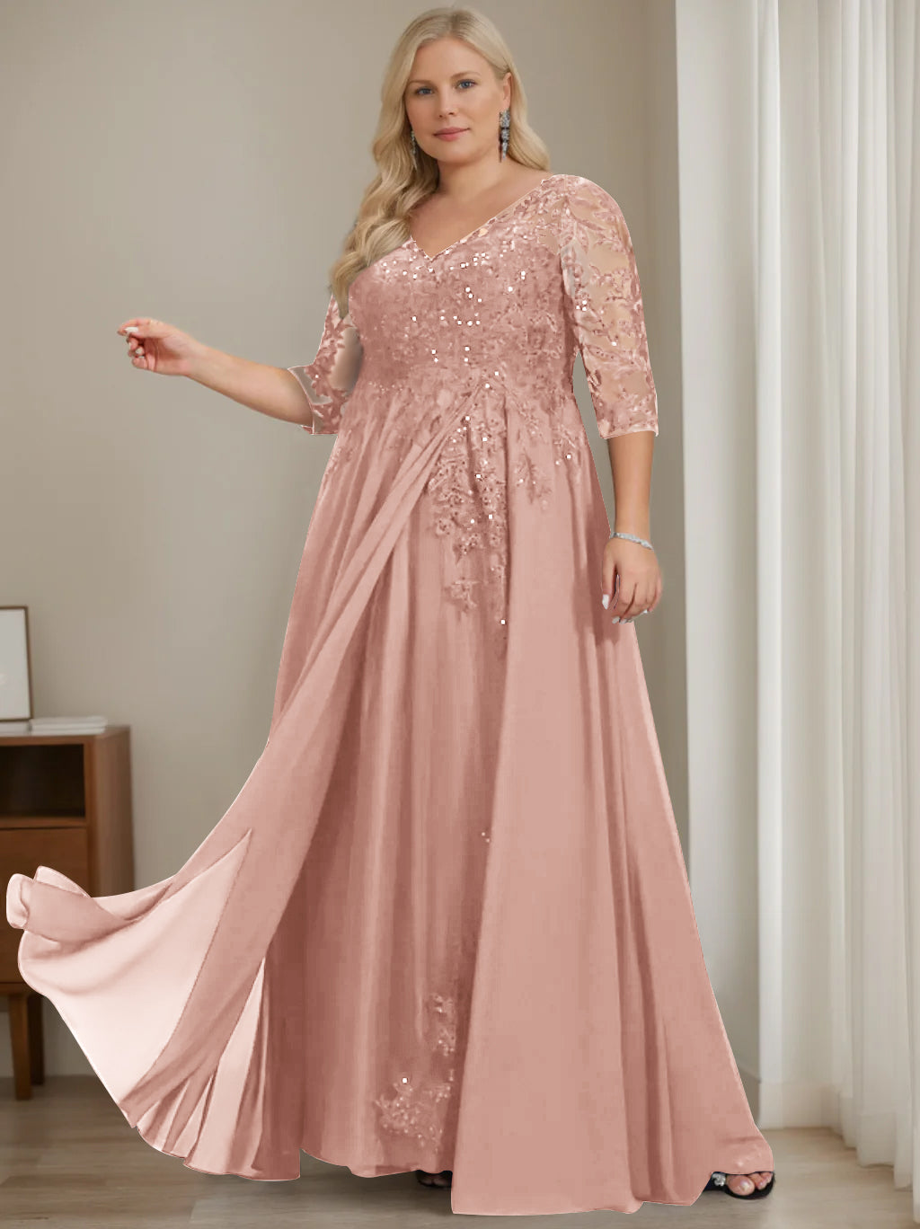 Plus Size V-Neck A-Line Princess Floor-Length Mother of the Bride Dress with Half Sleeves and Sequins-LLELLA