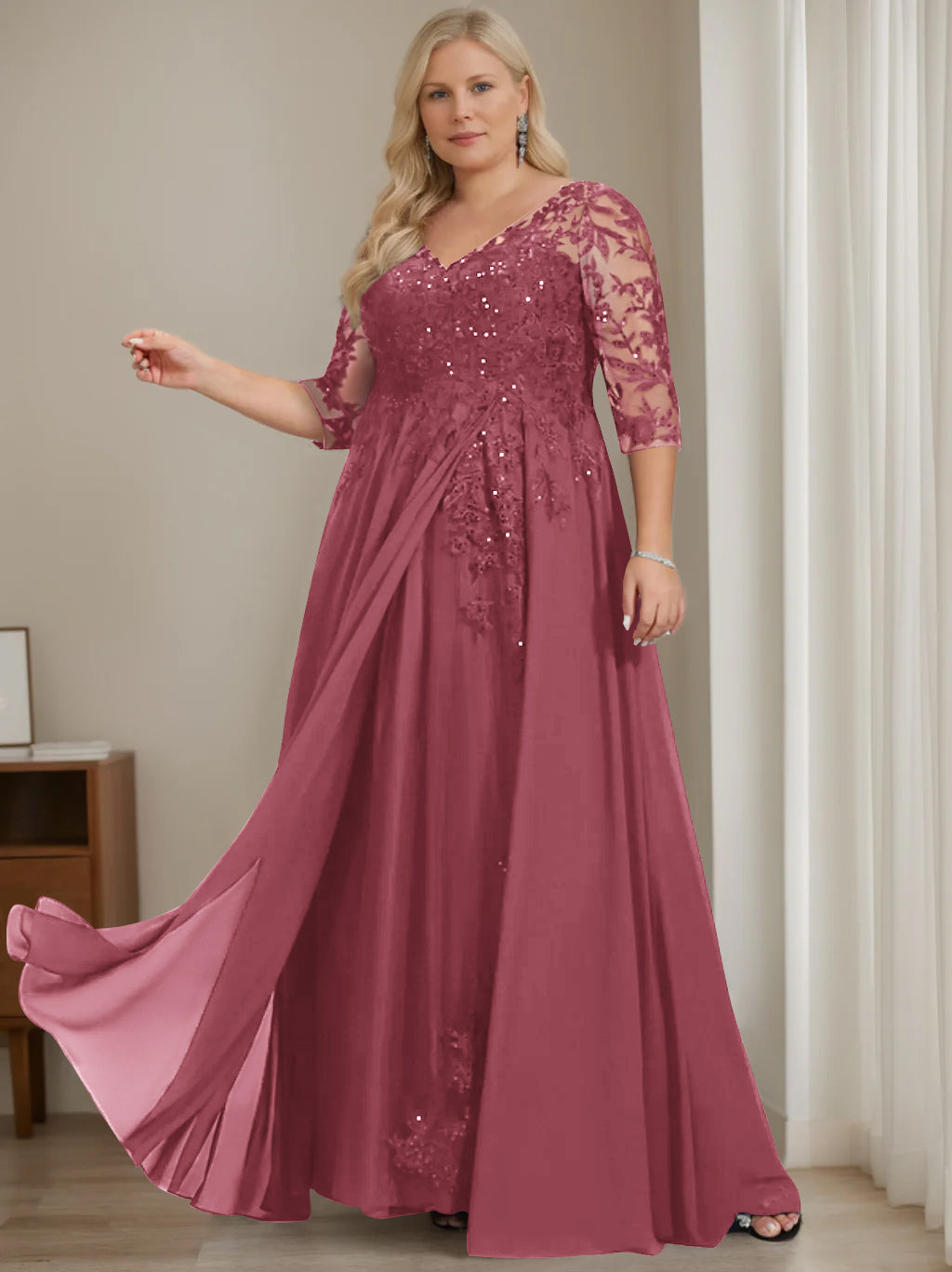 Plus Size V-Neck A-Line Princess Floor-Length Mother of the Bride Dress with Half Sleeves and Sequins-LLELLA