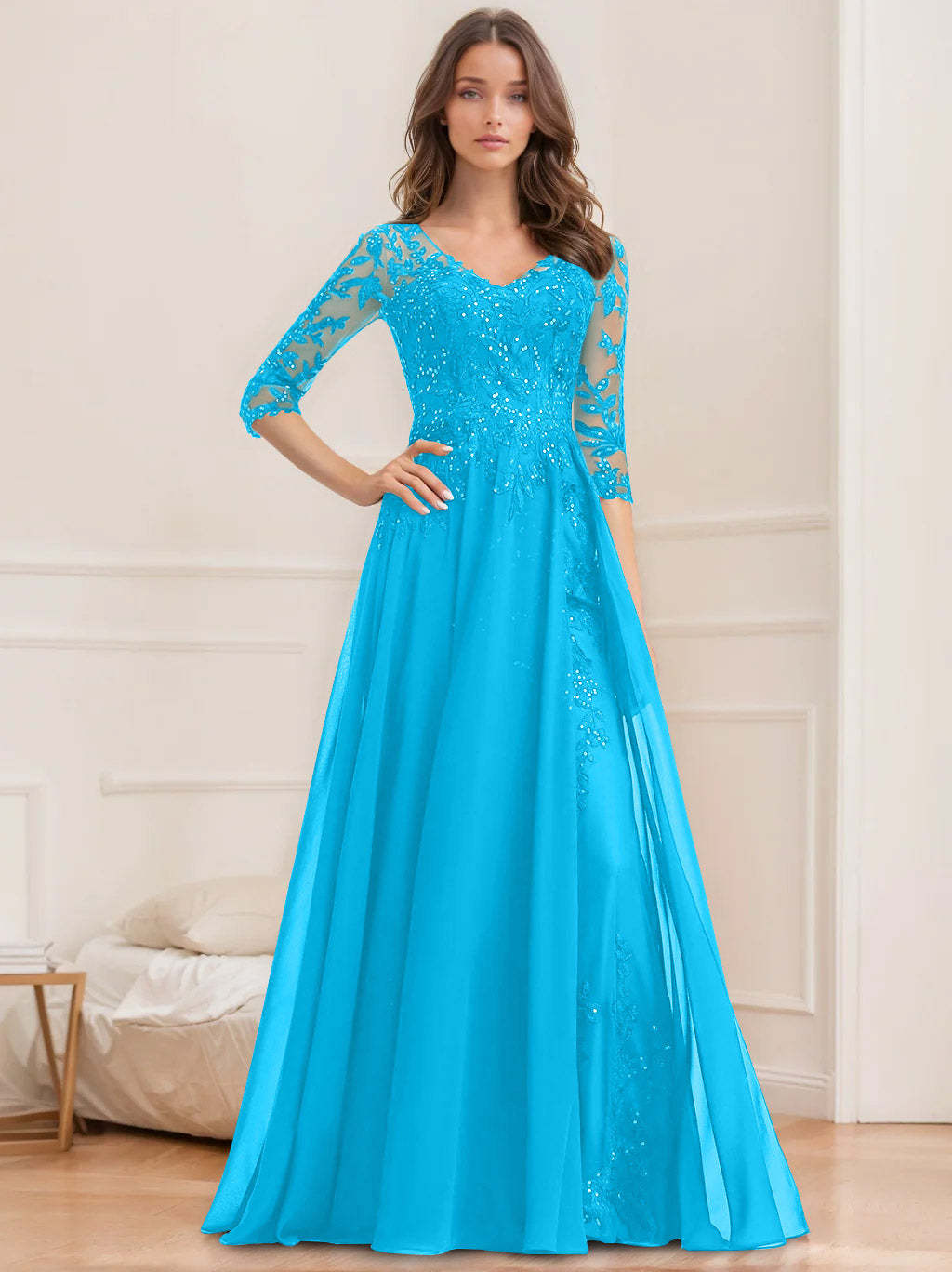 Floor-Length V-Neck A-Line Princess Mother of the Bride Dresses with Half Sleeves and Sequins