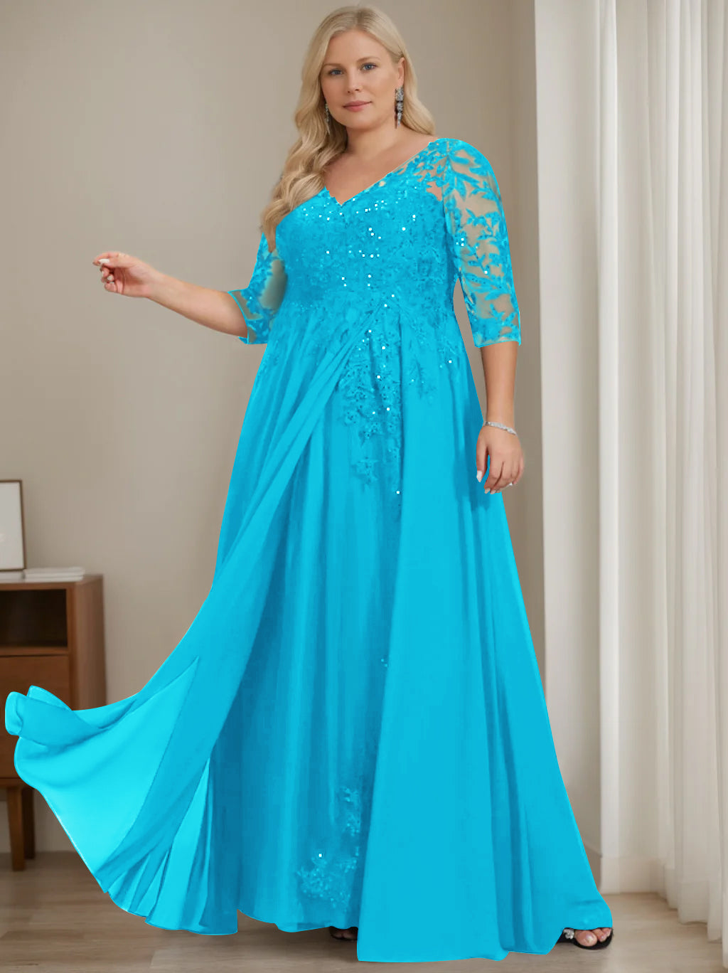 Plus Size V-Neck A-Line Princess Floor-Length Mother of the Bride Dress with Half Sleeves and Sequins-LLELLA