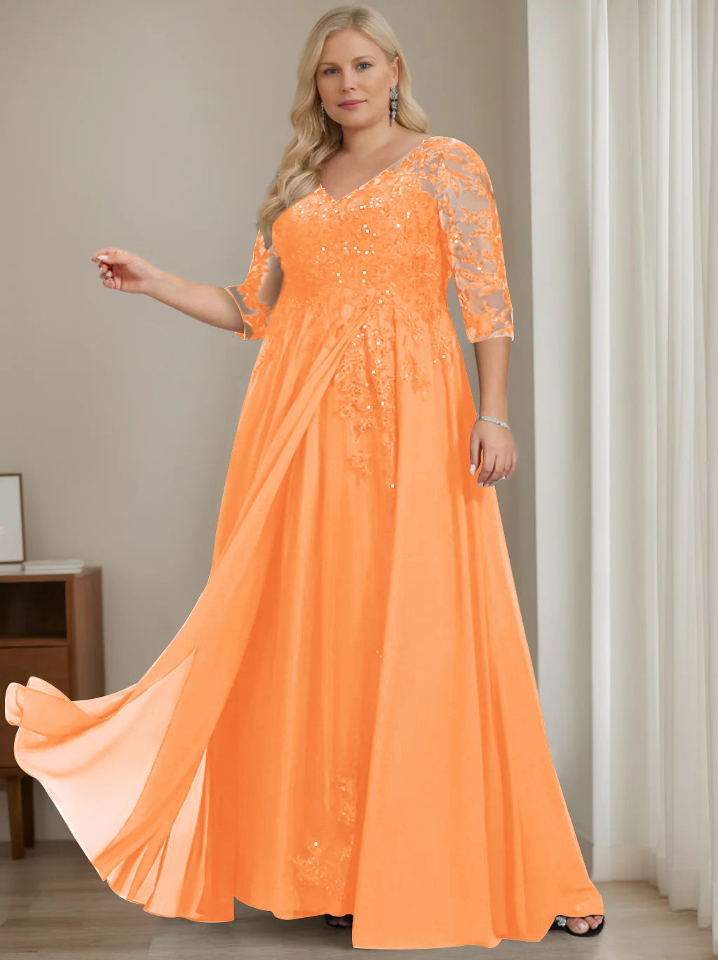 Plus Size V-Neck A-Line Princess Floor-Length Mother of the Bride Dress with Half Sleeves and Sequins-LLELLA