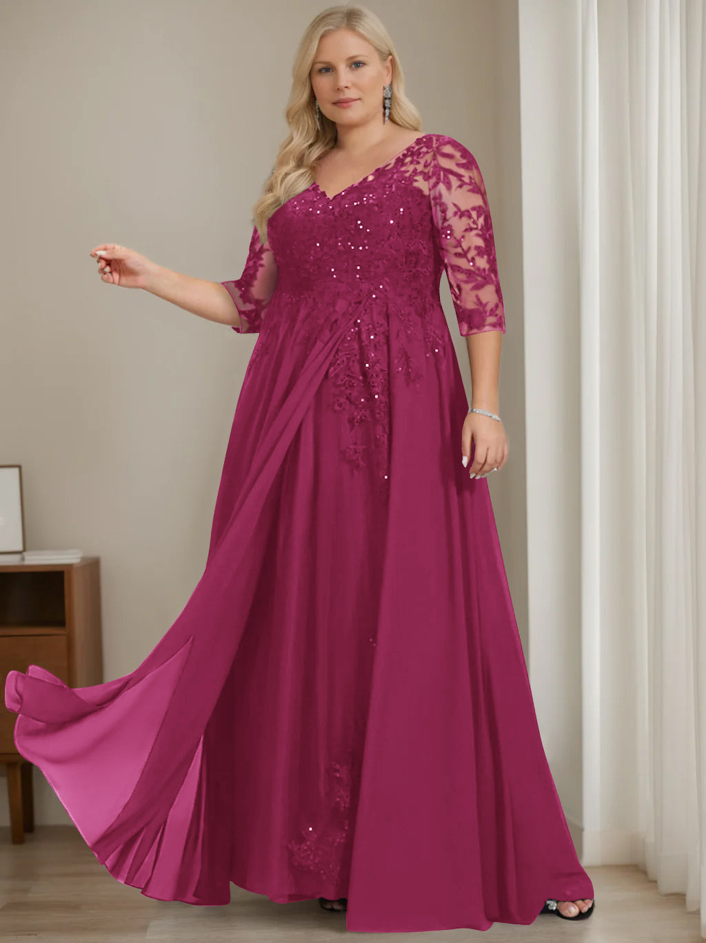 Plus Size V-Neck A-Line Princess Floor-Length Mother of the Bride Dress with Half Sleeves and Sequins-LLELLA