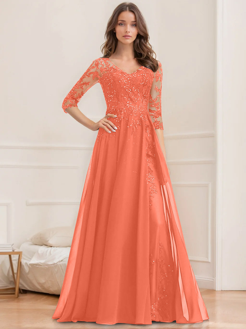Floor-Length V-Neck A-Line Princess Mother of the Bride Dresses with Half Sleeves and Sequins