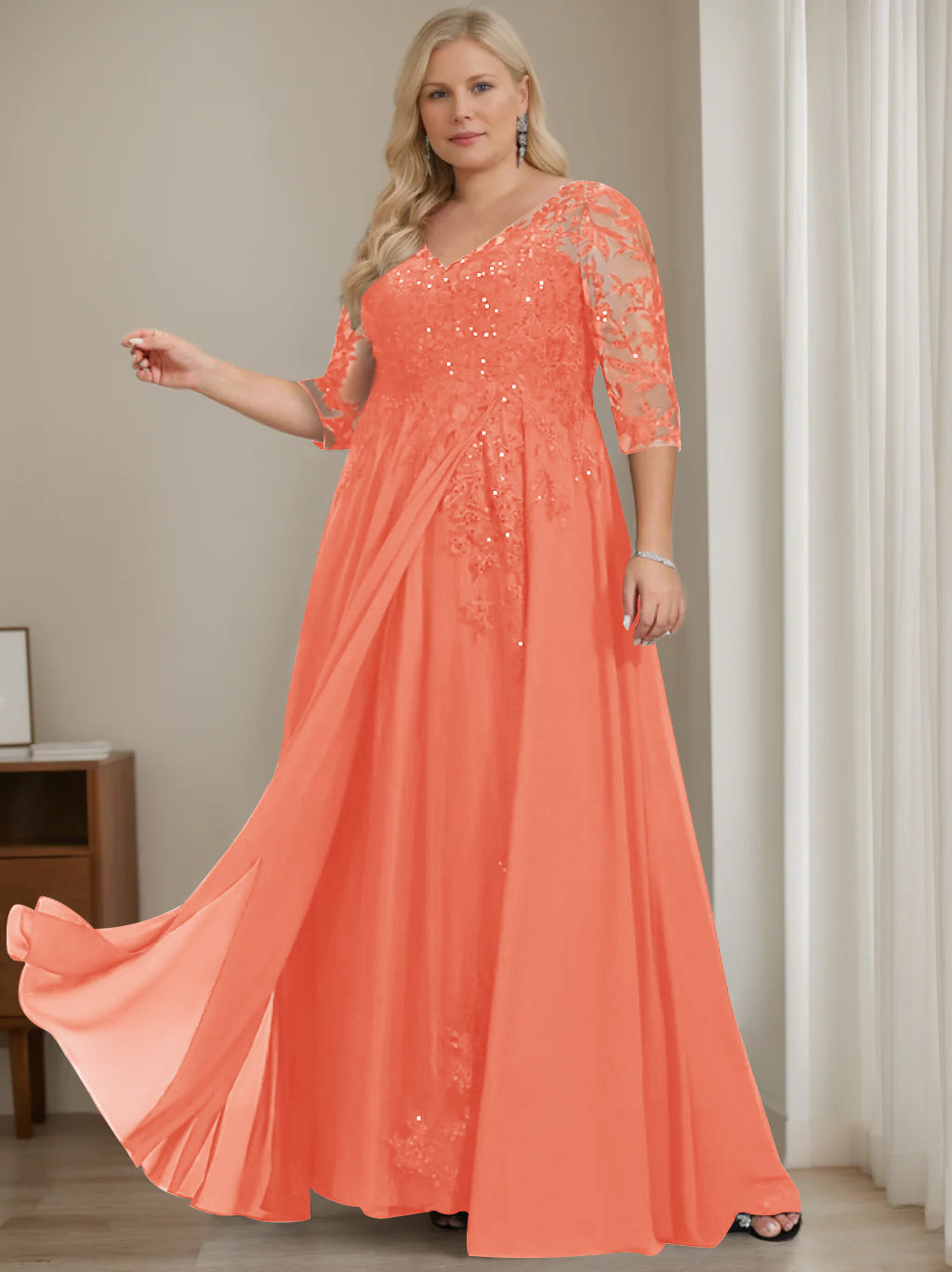 Plus Size V-Neck A-Line Princess Floor-Length Mother of the Bride Dress with Half Sleeves and Sequins-LLELLA