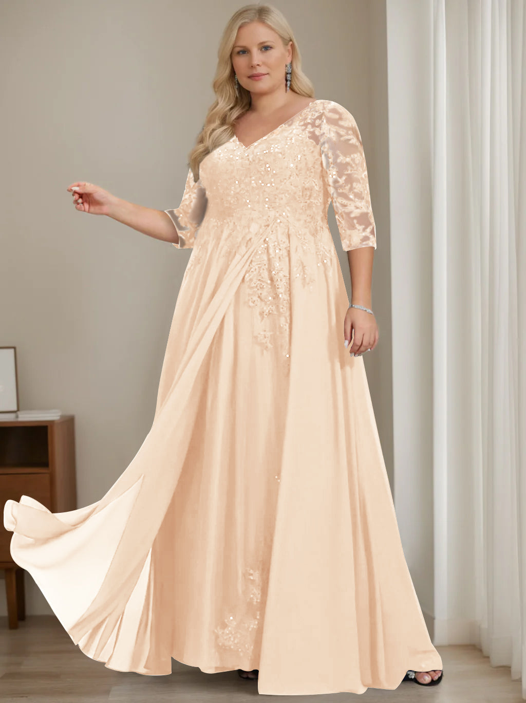 Plus Size V-Neck A-Line Princess Floor-Length Mother of the Bride Dress with Half Sleeves and Sequins-LLELLA