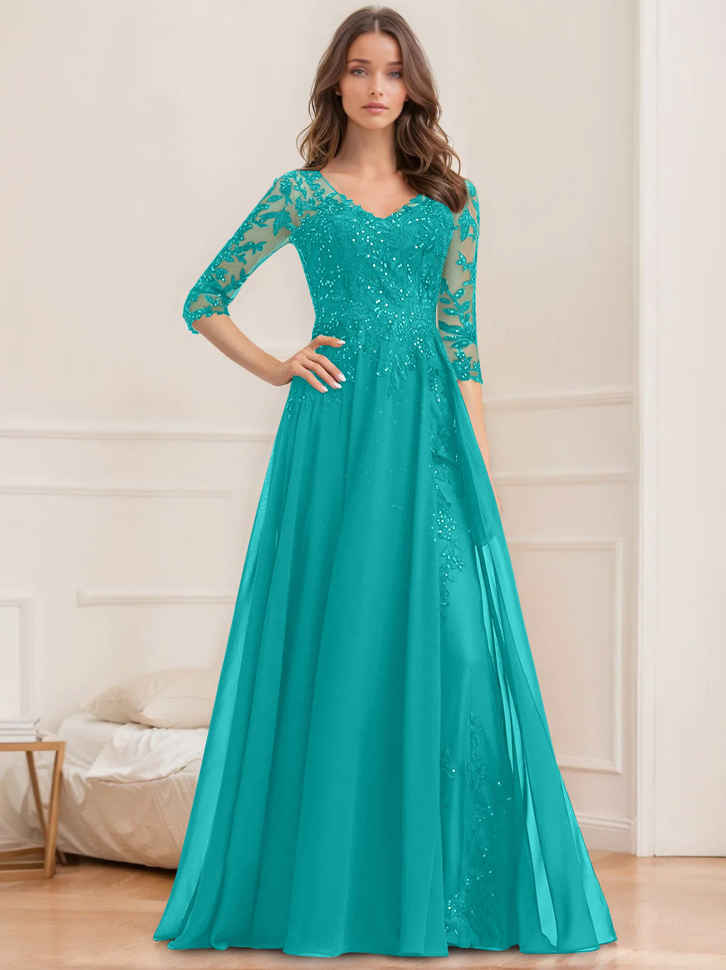 Floor-Length V-Neck A-Line Princess Mother of the Bride Dresses with Half Sleeves and Sequins