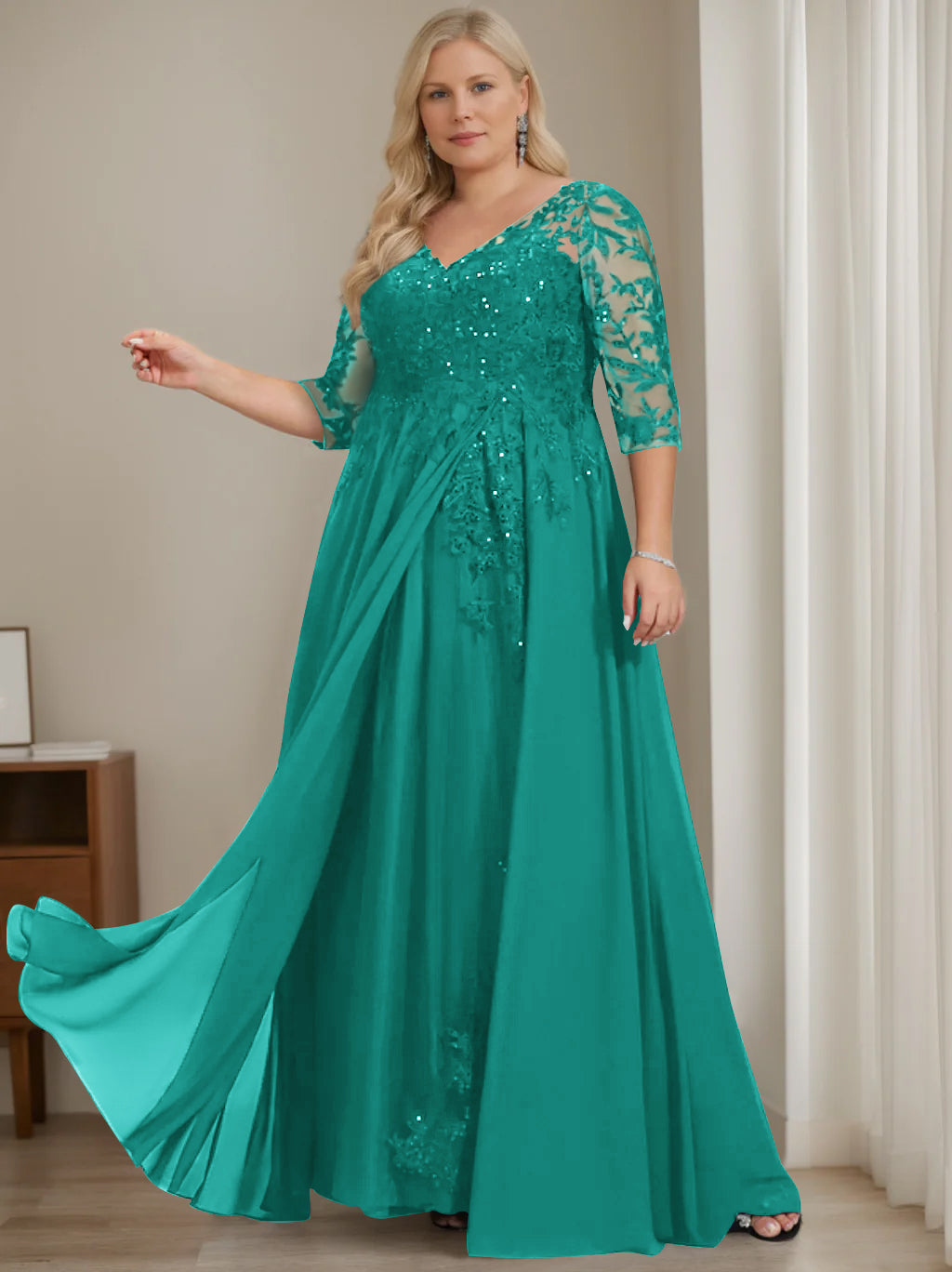 Plus Size V-Neck A-Line Princess Floor-Length Mother of the Bride Dress with Half Sleeves and Sequins-LLELLA
