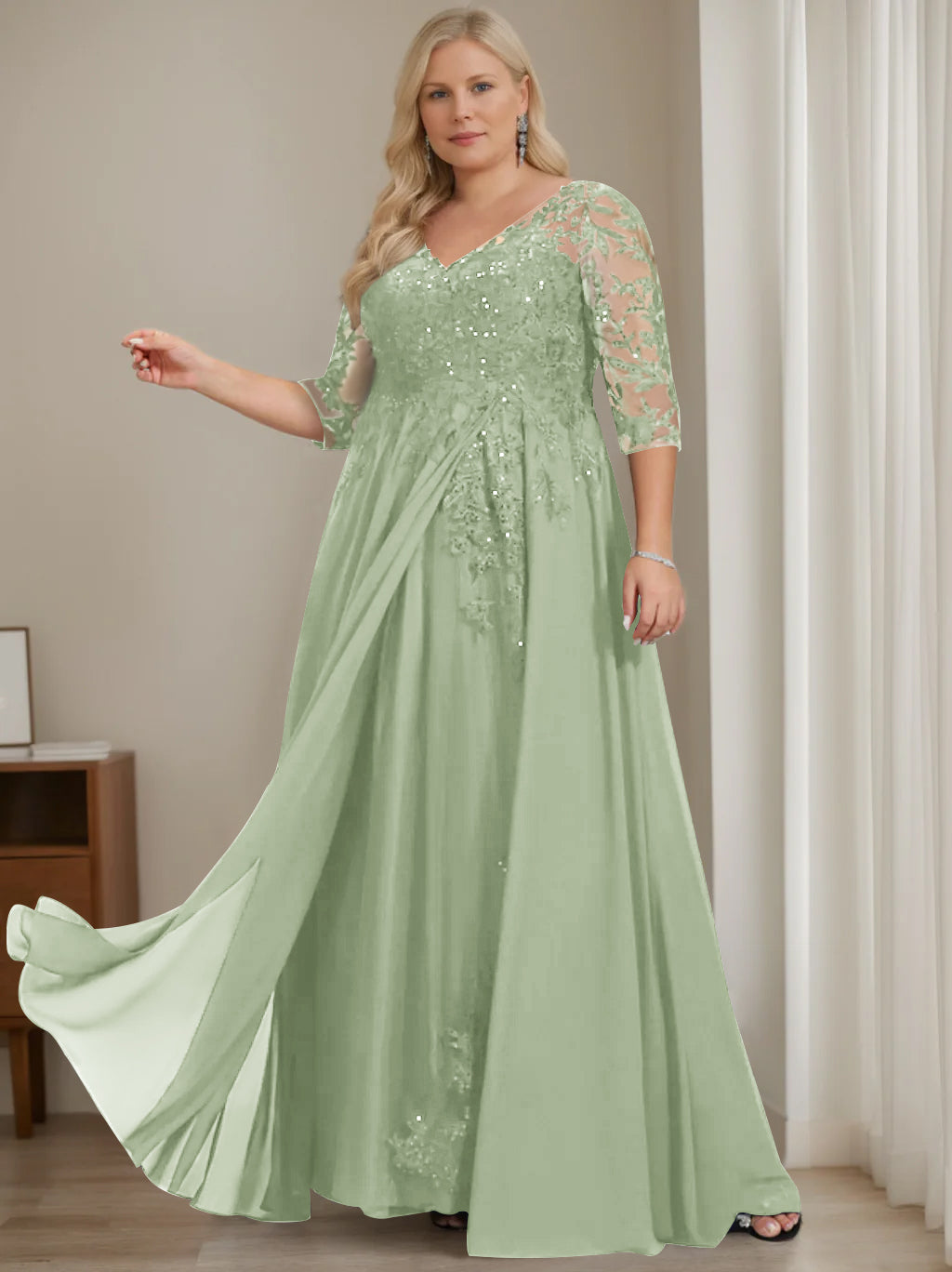 Plus Size V-Neck A-Line Princess Floor-Length Mother of the Bride Dress with Half Sleeves and Sequins-LLELLA